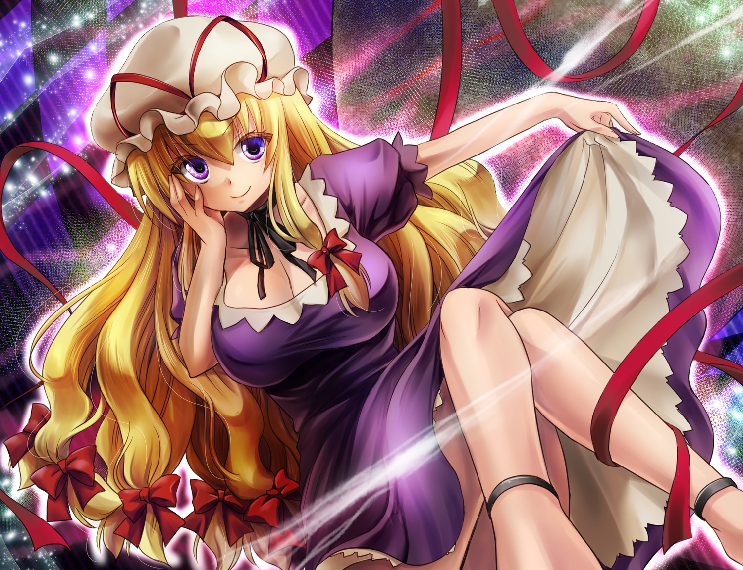blonde_hair, bow, breasts, cleavage, dress, hat, kazuki_hiyori, long_hair, purple_eyes, ribbons, touhou, yakumo_yukari