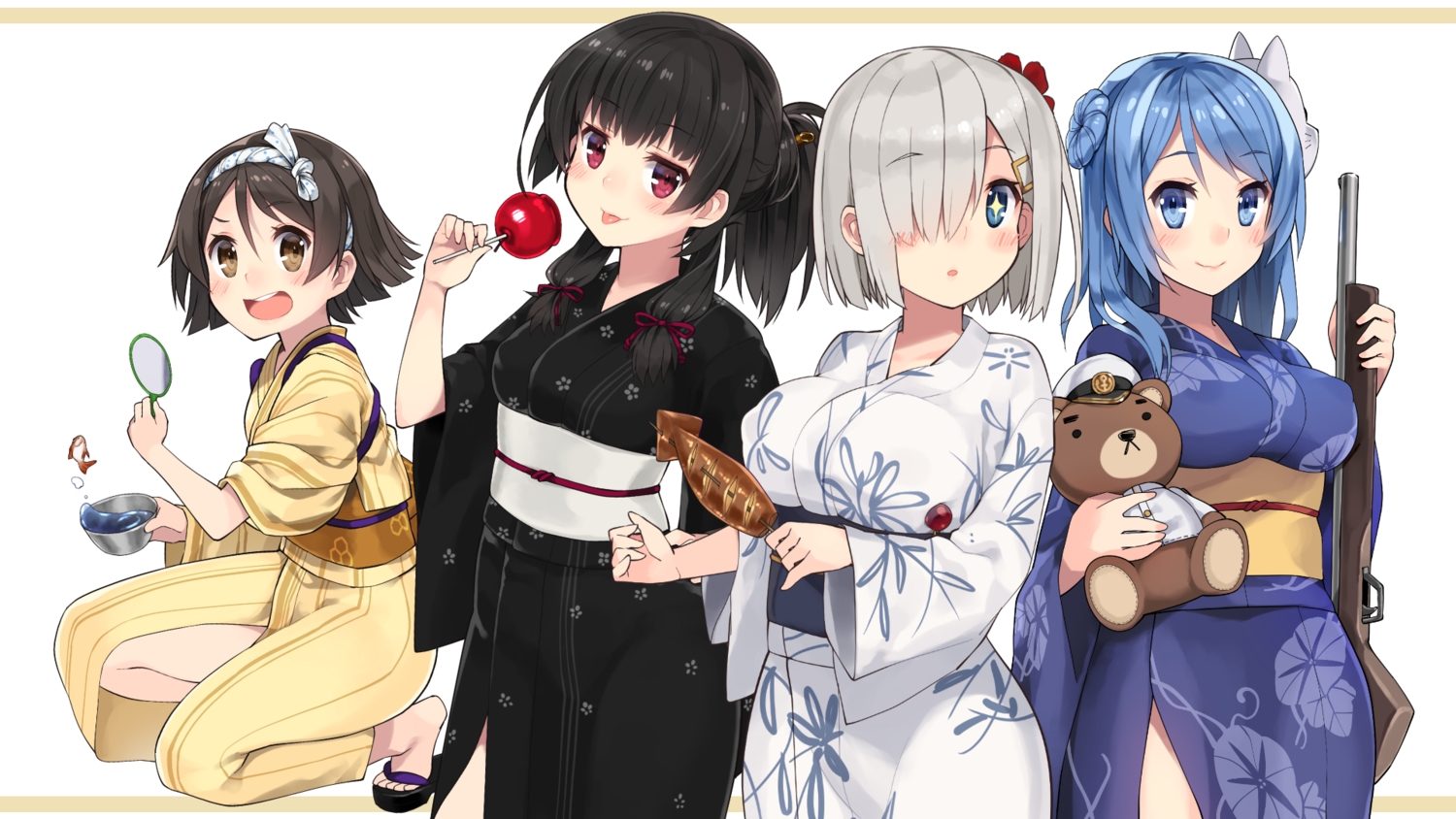 animal, anthropomorphism, apple, candy, fish, food, fruit, group, gun, hamakaze_(kancolle), hat, isokaze_(kancolle), japanese_clothes, kantai_collection, kuro_chairo_no_neko, mask, tanikaze_(kancolle), teddy_bear, urakaze_(kancolle), weapon, white