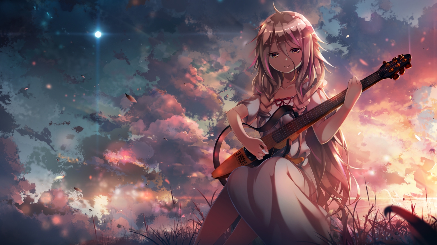 blonde_hair, braids, c.c.r_(ccrgaoooo), clouds, dress, grass, guitar, ia