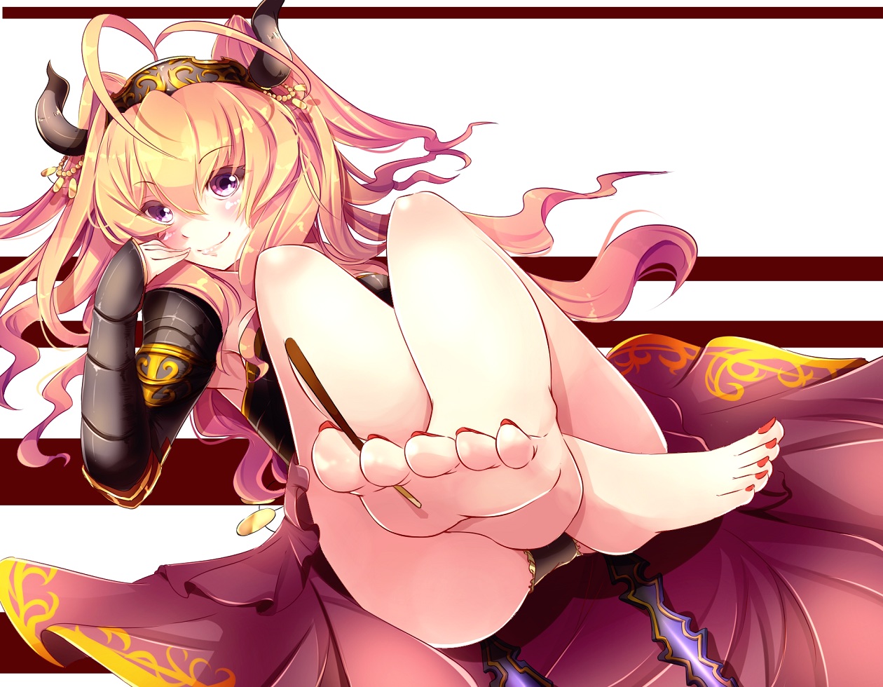 armor, barefoot, blonde_hair, food, headband, horns, kanpani_girls, koruta_(nekoimo), long_hair, pocky, siegrid_ende, tiara