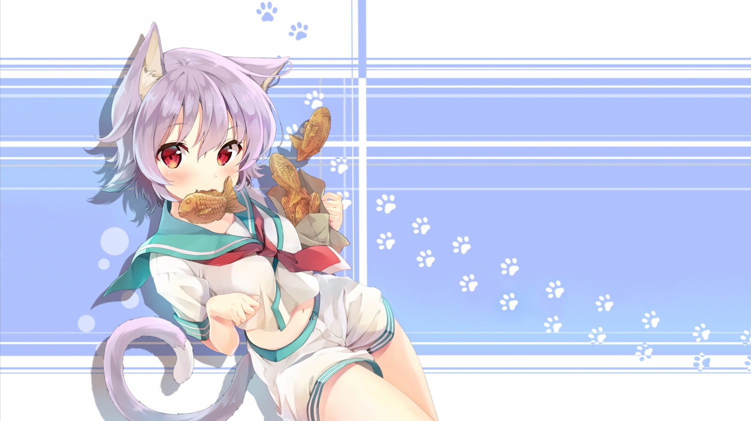 animal, animal_ears, anthropomorphism, blush, catgirl, fish, food, gray_hair, kakao_rantan, kantai_collection, red_eyes, school_uniform, short_hair, shorts, tail, taiyaki, tama_(kancolle)