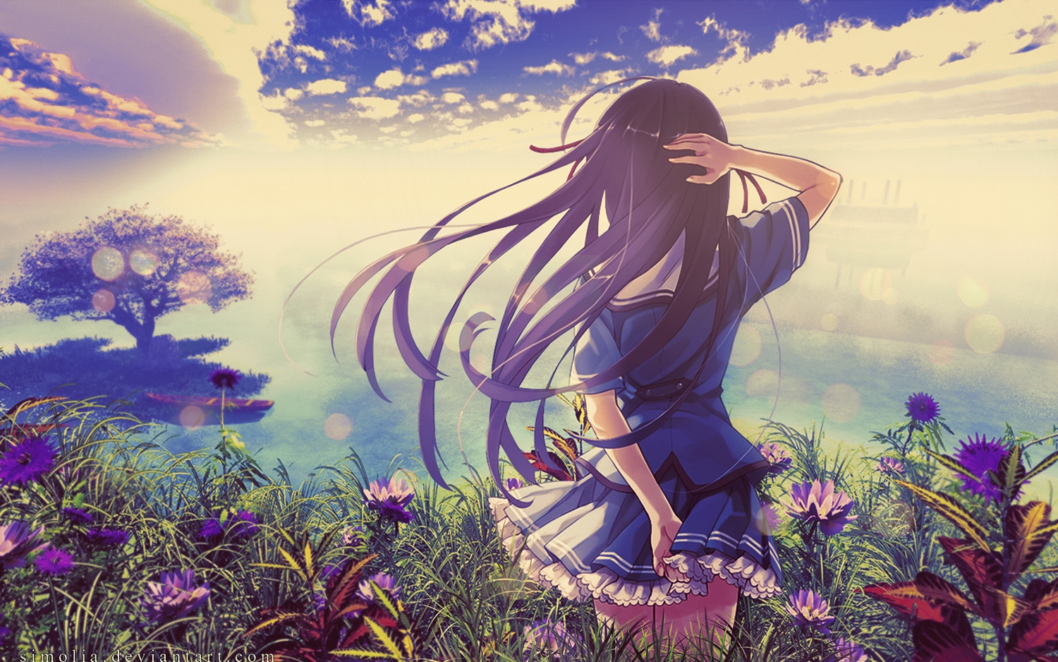 black_hair, clouds, deep_blue_sky_&_pure_white_wings, flowers, grass, koga_sayoko, long_hair, misaki_kurehito