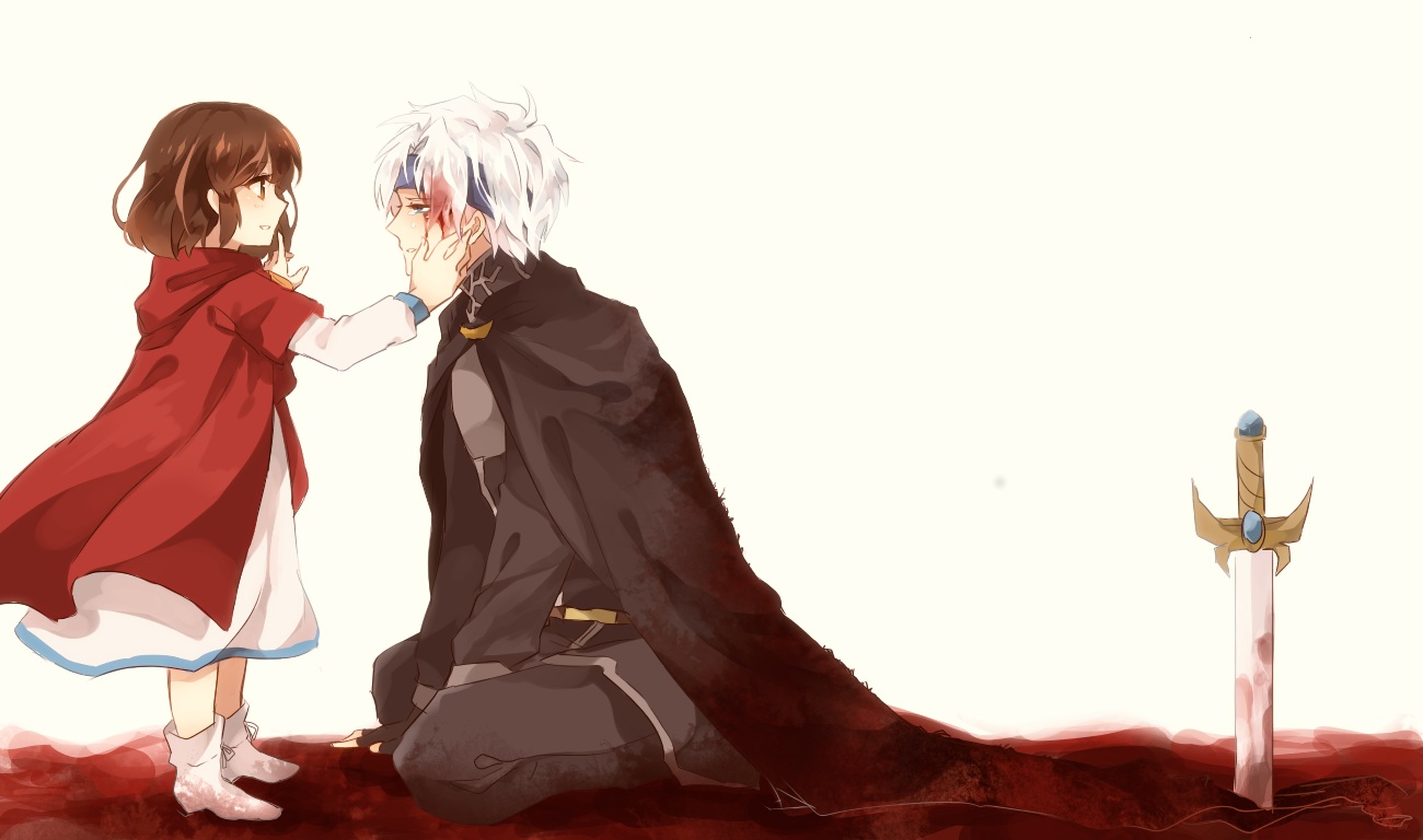 arle_nadja, blood, brown_hair, cape, dress, headband, loli, male, puyo_puyo, schezo_wegey, sweetroad, sword, weapon, white_hair
