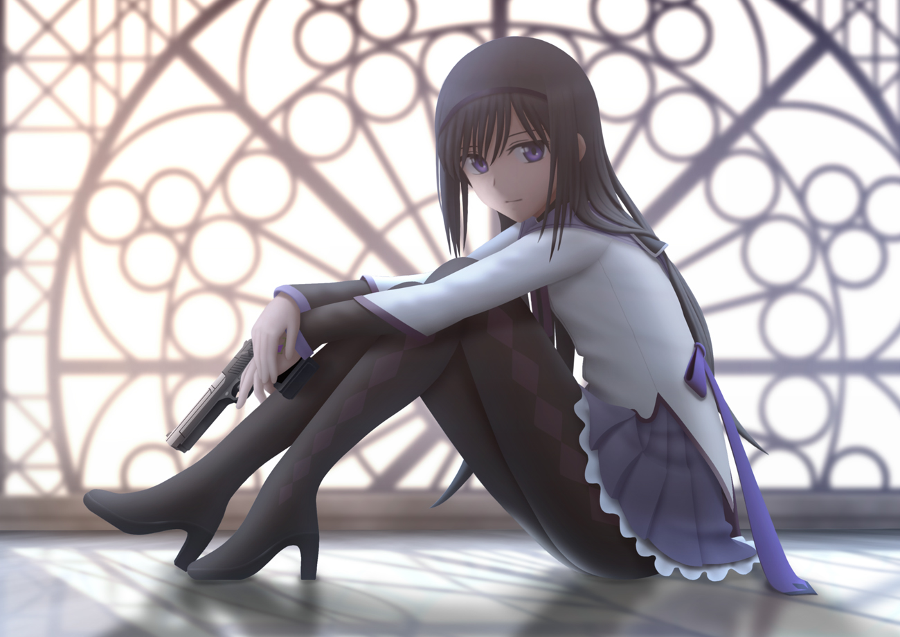 akemi_homura, black_hair, boots, gun, mahou_shoujo_madoka_magica, pantyhose, purple_eyes, siraha