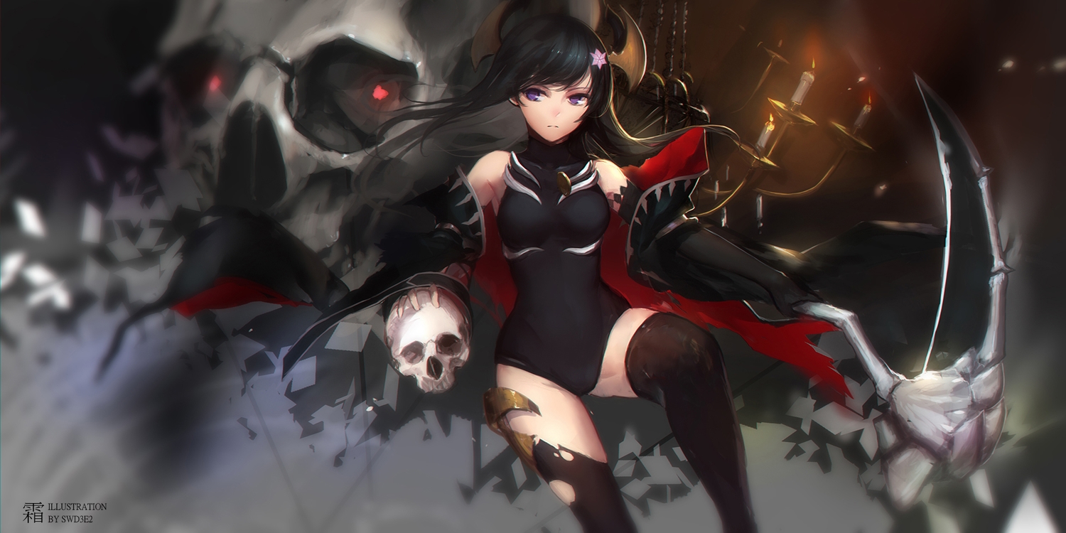 black_hair, bodysuit, cape, elbow_gloves, gloves, horns, long_hair, purple_eyes, rinkou_no_lemuria, scythe, shion_(lemuria), skull, swd3e2, thighhighs, torn_clothes, watermark, weapon