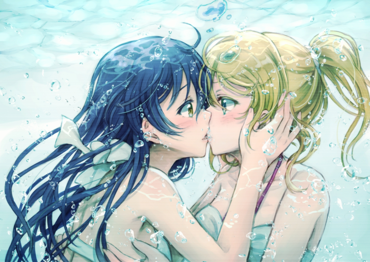 2girls, ayase_eri, kiss, love_live!_school_idol_project, shoujo_ai, sonoda_umi, suito, underwater, water