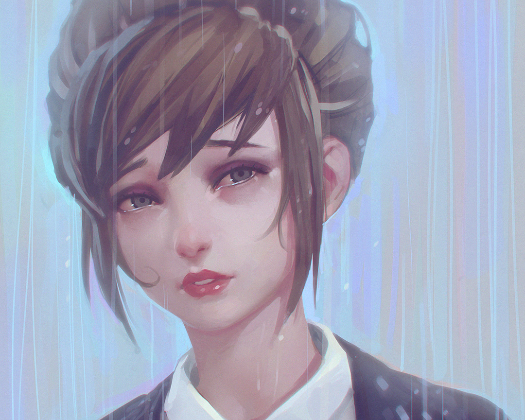 brown_hair, close, cropped, green_eyes, ilya_kuvshinov, kate_marsh, life_is_strange, rain, realistic, water