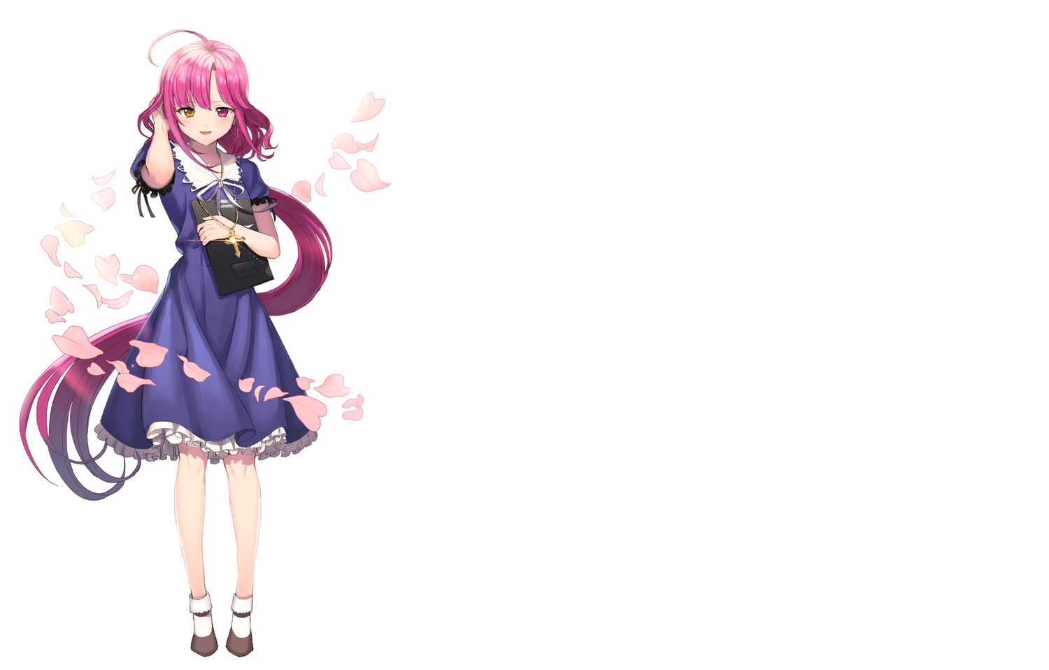 bicolored_eyes, cross, dress, gakkou_gurashi!, long_hair, necklace, petals, pink_hair