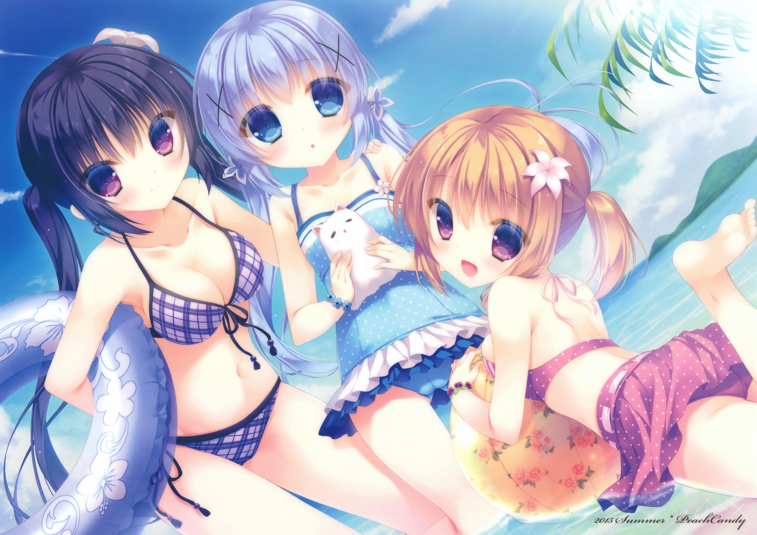 animal, ball, beach, bikini, blush, breasts, cameltoe, cat, cleavage, gochuumon_wa_usagi_desu_ka?, hoto_cocoa, kafuu_chino, scan, sky, swim_ring, swimsuit, tedeza_rize, tippy_(gochiusa), wristwear, yukie