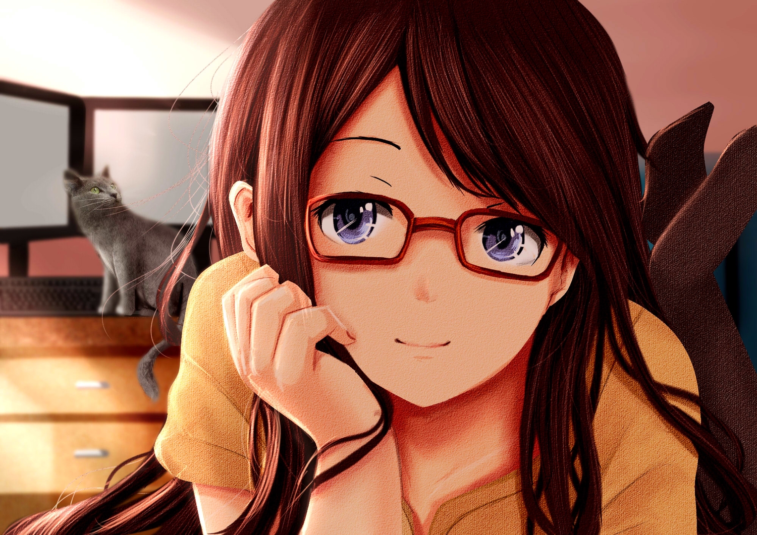 animal, blue_eyes, brown_hair, cat, close, computer, glasses, long_hair, original, photo, sigit_dwiky