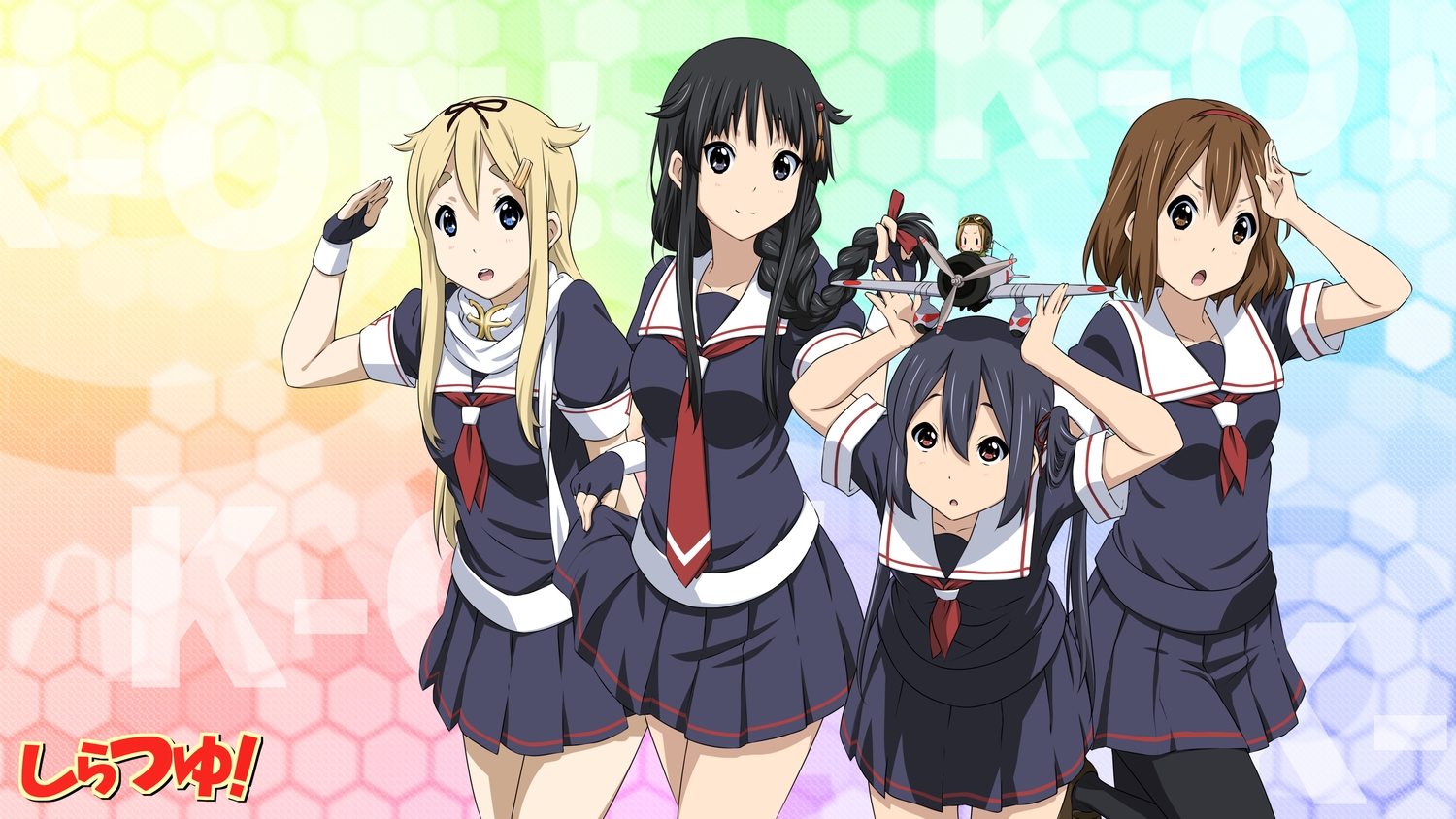 aircraft, akiyama_mio, black_eyes, black_hair, blonde_hair, blue_eyes, brown_eyes, brown_hair