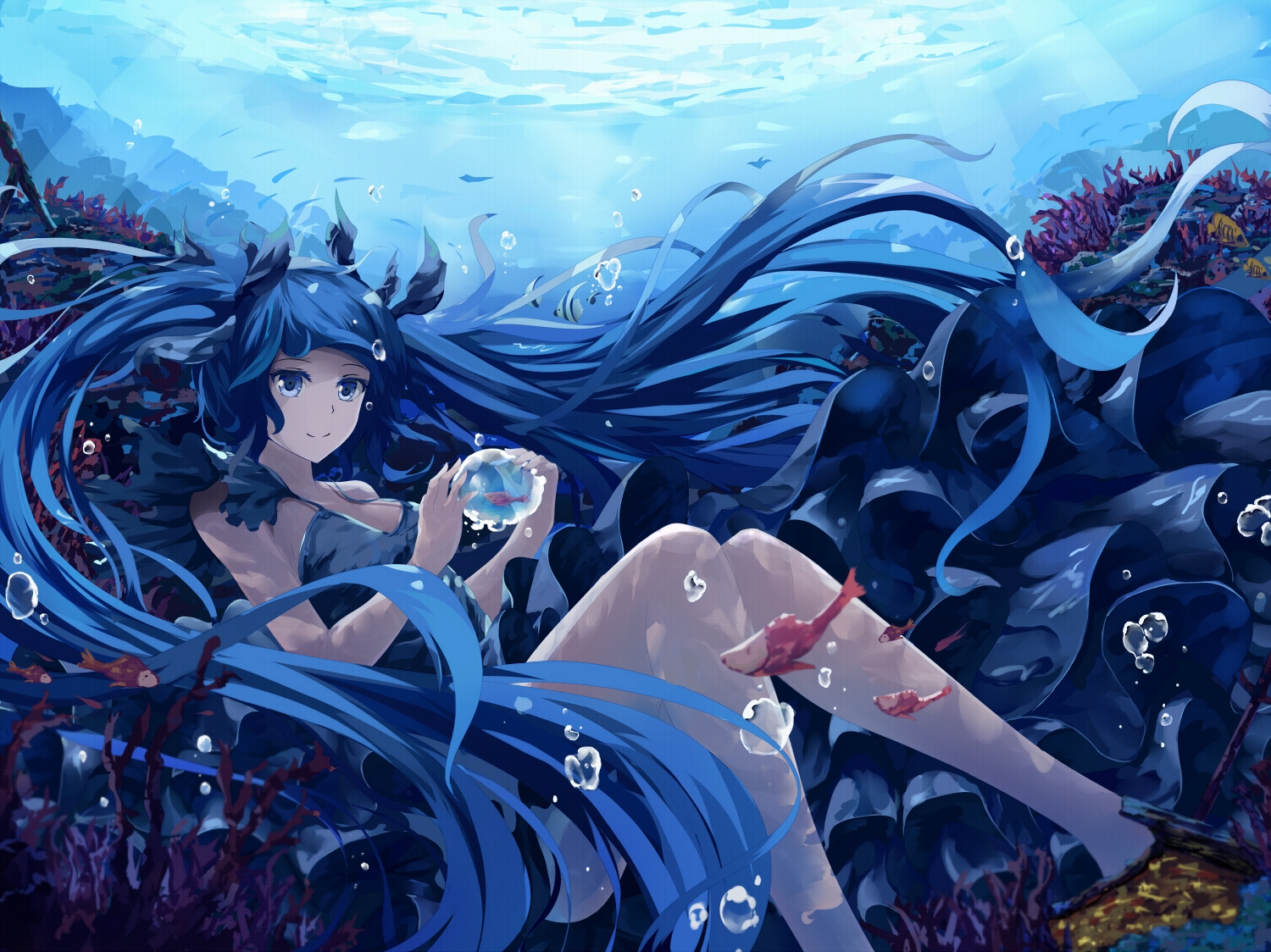 animal, aqua_eyes, blue_hair, bubbles, deep-sea_girl_(vocaloid), dress, fish, hatsune_miku
