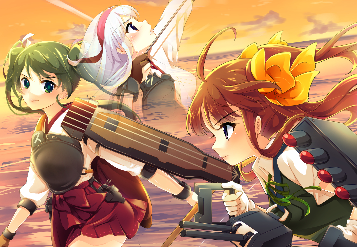 an_jera, anthropomorphism, blue_eyes, bow, brown_eyes, brown_hair, gloves, green_eyes, green_hair, headband, kagerou_(kancolle), kantai_collection, long_hair, ribbons, see_through, shoukaku_(kancolle), skirt, sunset, twintails, water, weapon, white_hair, zuikaku_(kancolle)