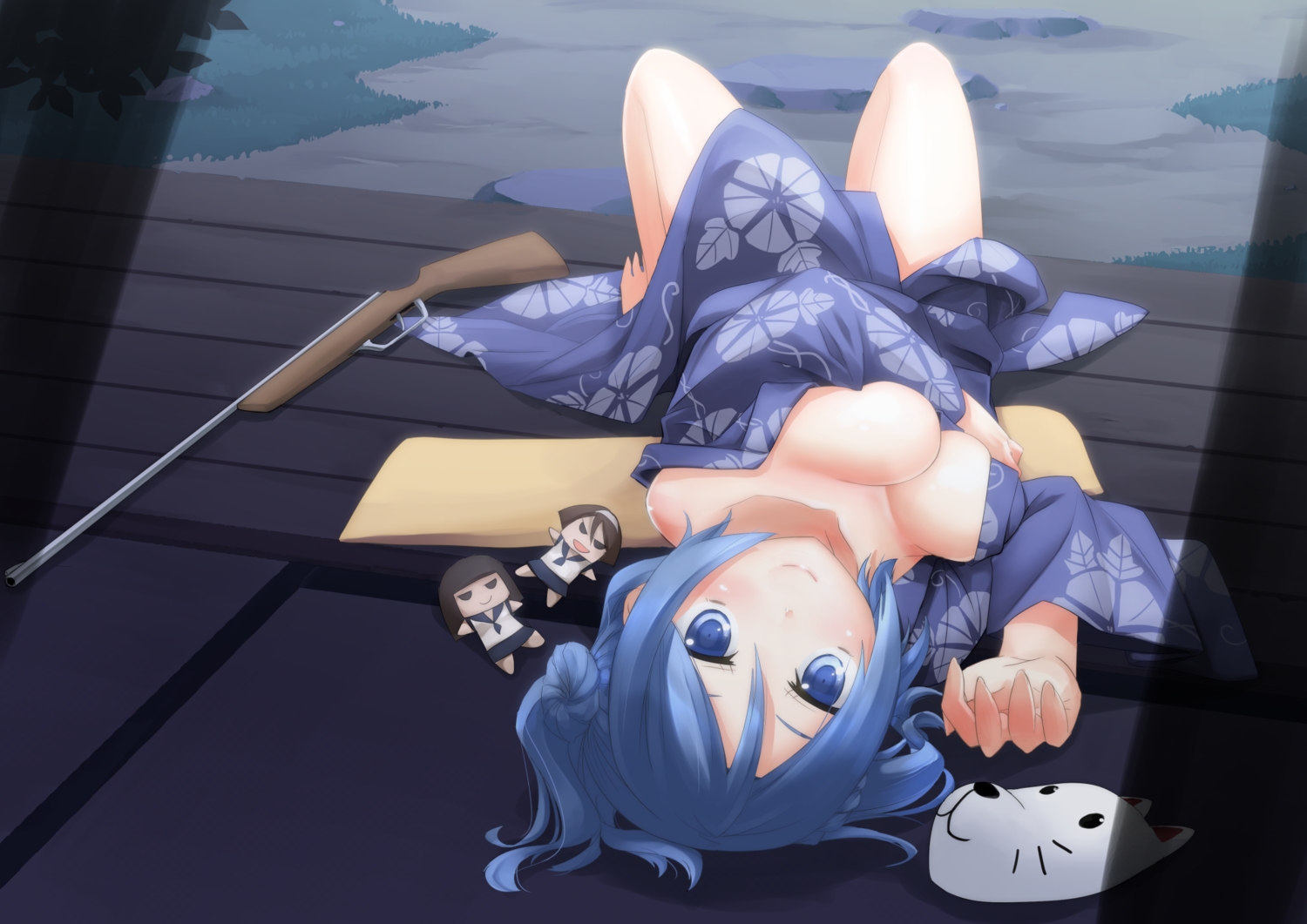 anthropomorphism, breasts, cleavage, gun, japanese_clothes, kantai_collection, mask, no_bra