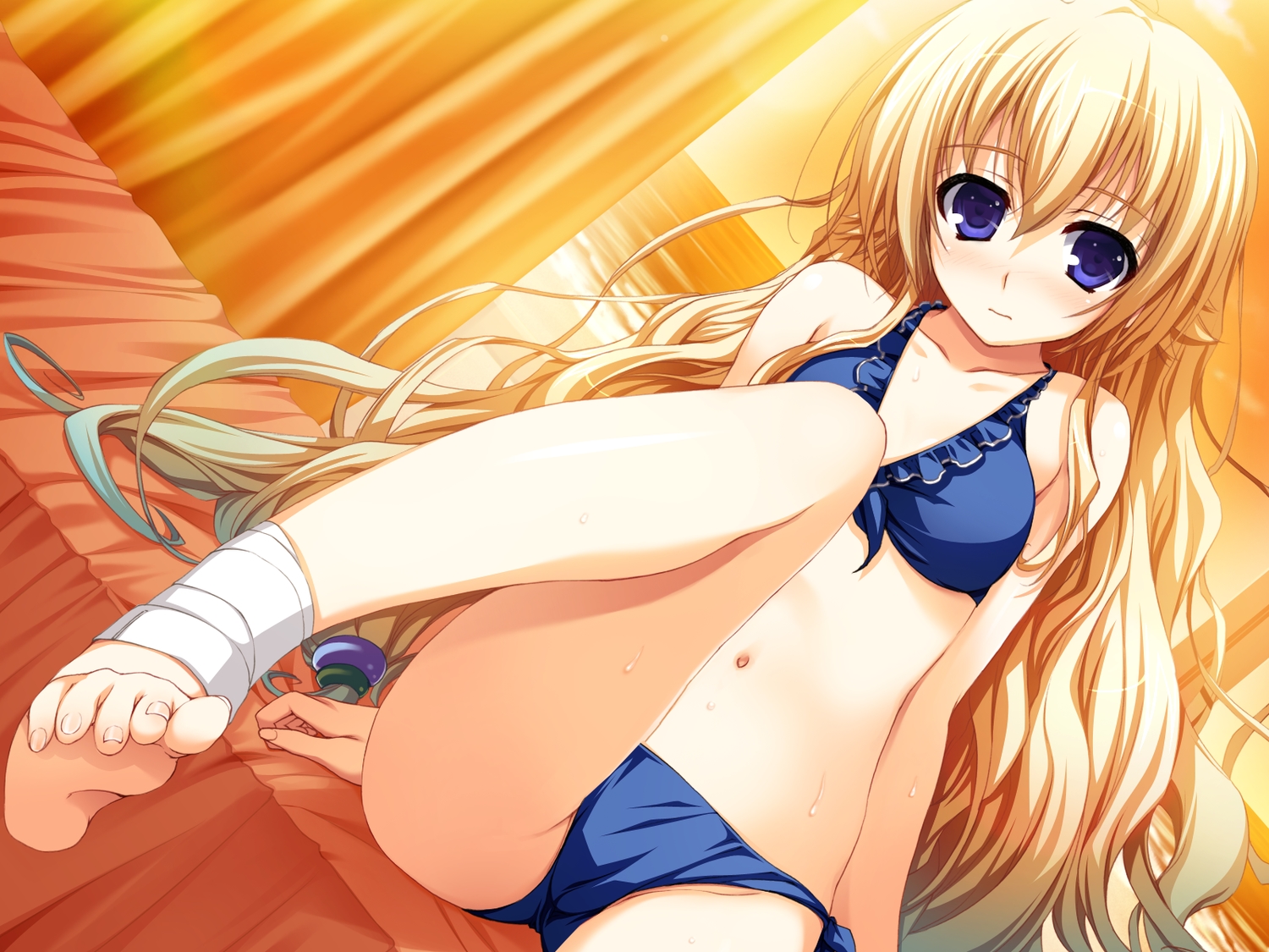 akatsuki_no_goei, bandage, barefoot, blonde_hair, blue_eyes, game_cg, kurayashiki_tae, long_hair, navel, syangrila, tomose_shunsaku