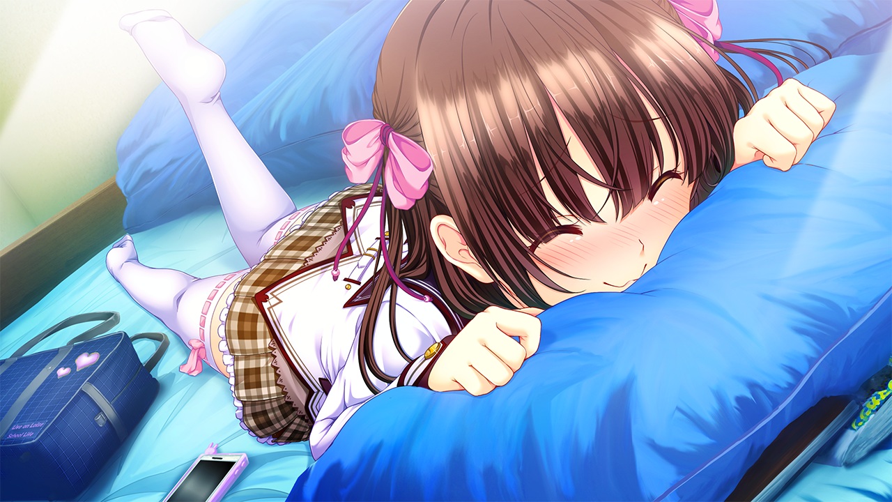 amano_rei, blush, brown_hair, cat_smile, game_cg, giga, nironiro, phone, ren'ai_phase, school_uniform, thighhighs, usume_shirou