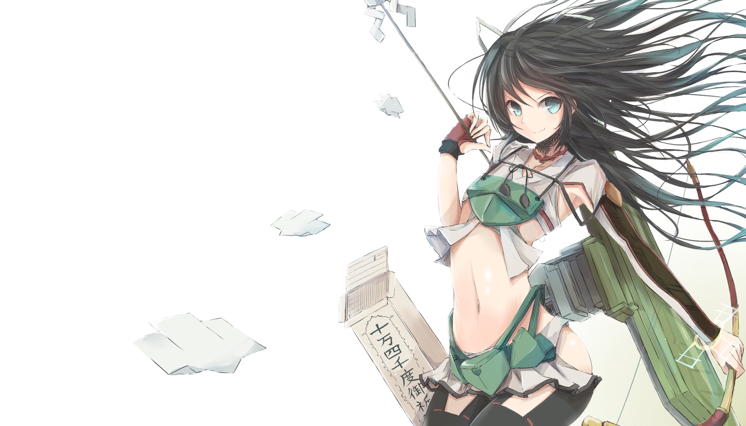 anthropomorphism, black_hair, bow_(weapon), kantai_collection, katsuragi_(kancolle), long_hair, nao_(qqqbb), navel, weapon
