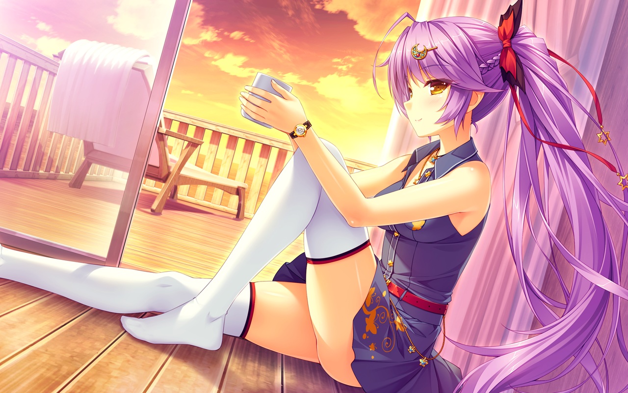 aoi_miyabi, boku_to_koi_suru_ponkotsu_akuma, drink, game_cg, long_hair, pink_hair, ponytail, purple_hair, sayori, skirt, smile, sunset, thighhighs, wristwear, yellow_eyes