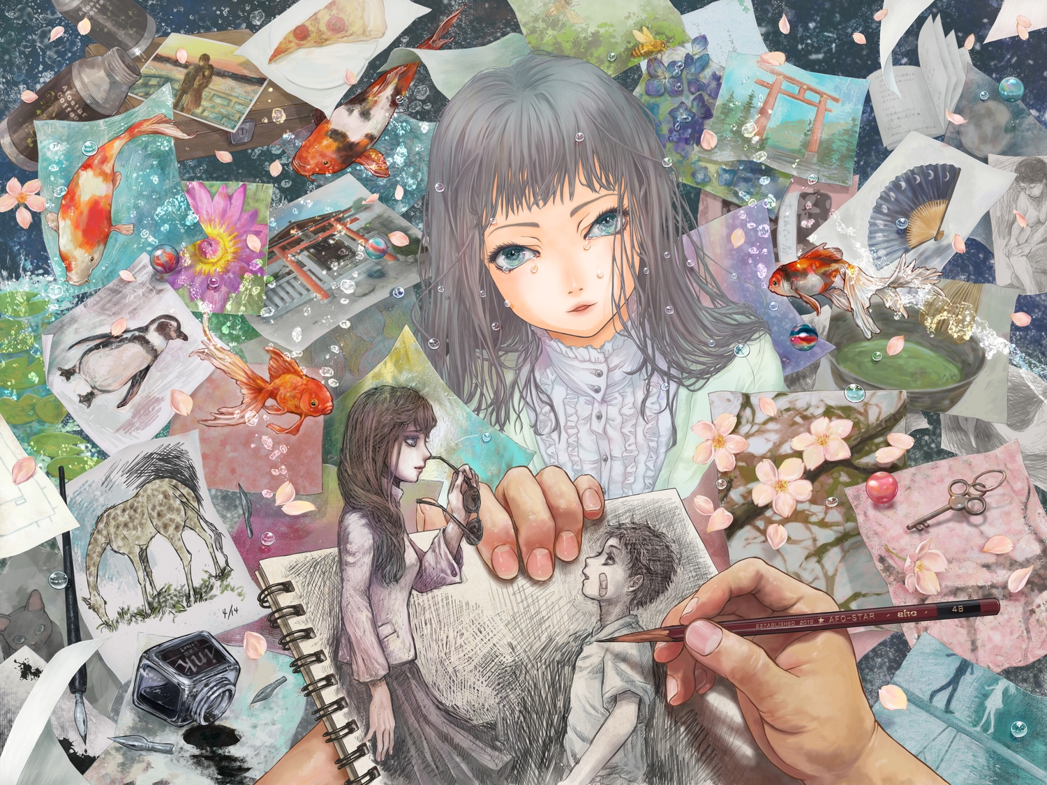 afostar, animal, bandaid, blue_eyes, book, fish, flowers, food, gray_hair, long_hair, original, petals, pizza, tears