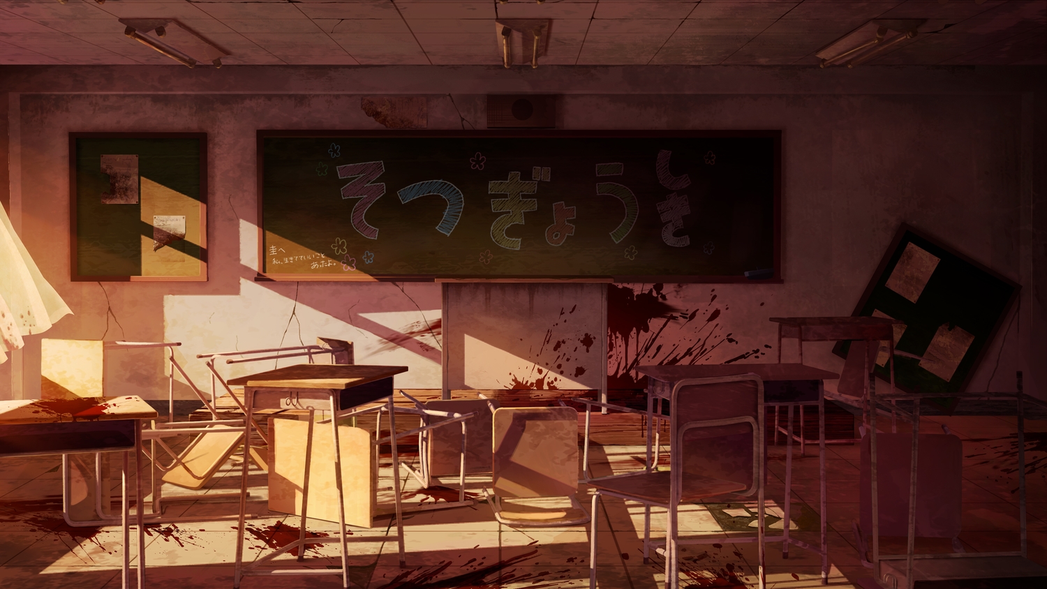 blood, gakkou_gurashi!, no_humans, paper, ruins, sakais3211, scenic