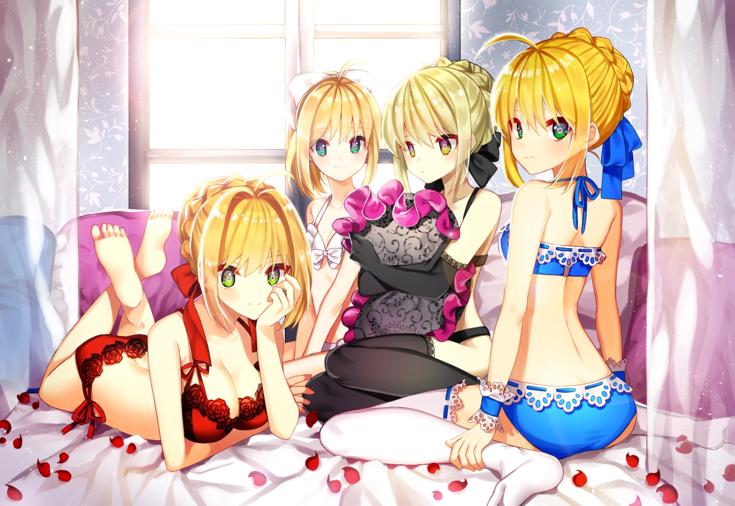 aqua_eyes, artoria_pendragon_(all), barefoot, bed, blonde_hair, bow, bra, breasts, cleavage, elbow_gloves, fate/extra, fate_(series), fate/stay_night, gabe_(seelunto), gloves, green_eyes, nero_claudius_(fate), panties, petals, ribbons, saber, saber_alter, saber_lily, thighhighs, underwear, wristwear, yellow_eyes