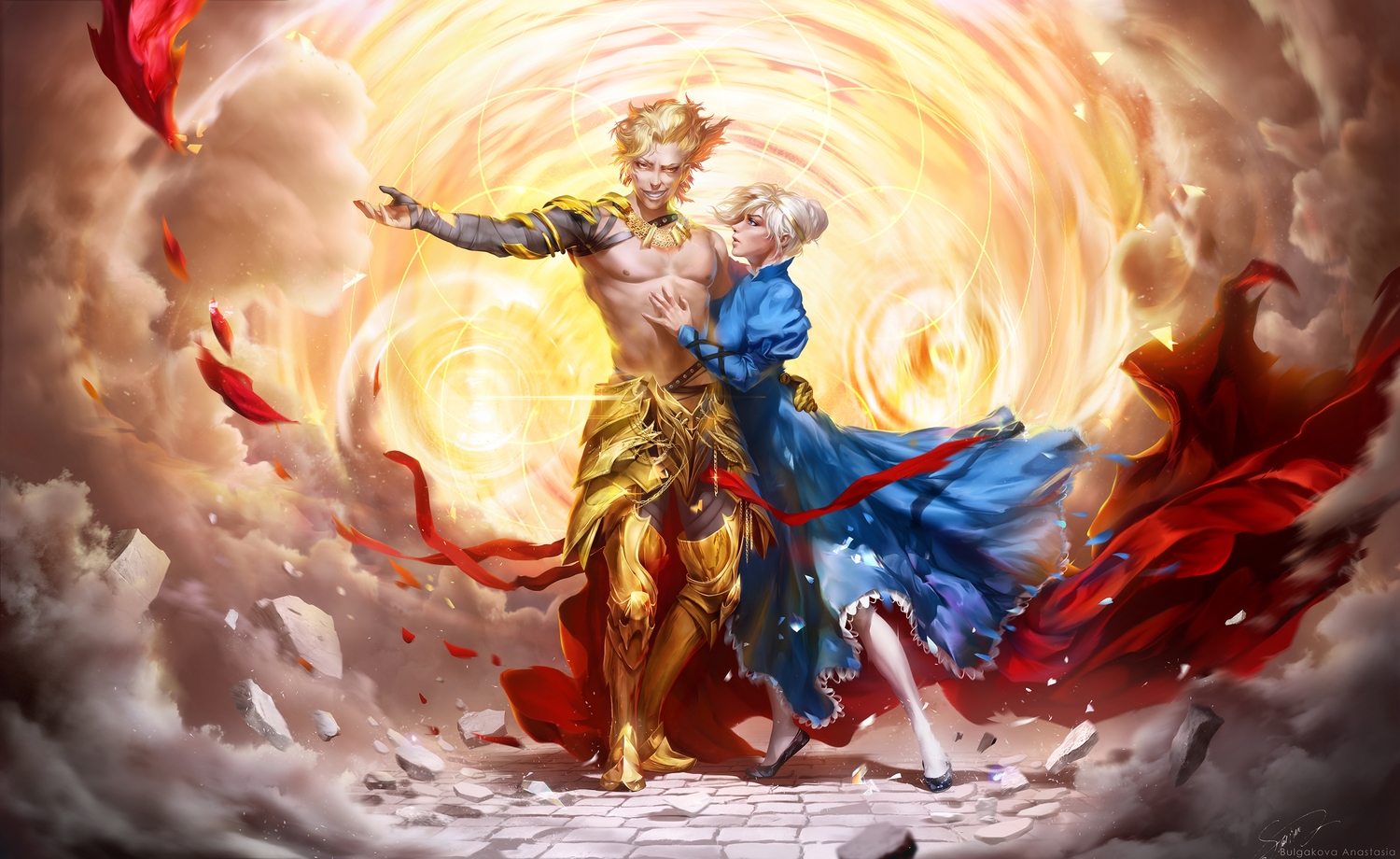 anastasia_bulgakova, armor, artoria_pendragon_(all), blonde_hair, cape, dress, fate_(series), fate/stay_night, gilgamesh, male, realistic, saber, short_hair, torn_clothes