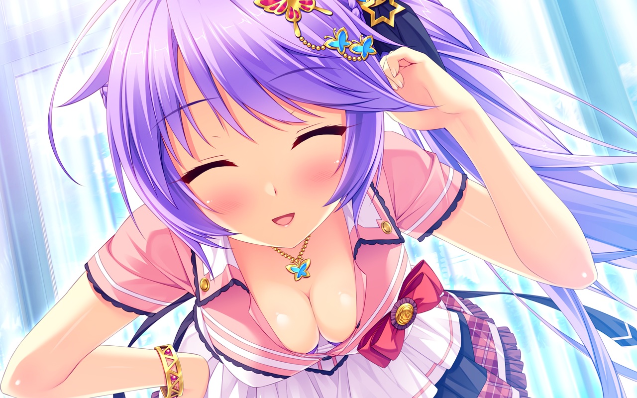 aoi_miyabi, blush, boku_to_koi_suru_ponkotsu_akuma, bow, breasts, cleavage, game_cg, long_hair