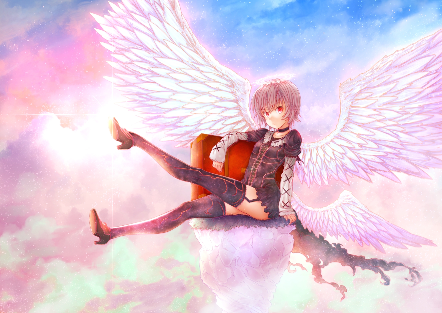 angel, choker, clouds, dress, garter_belt, halo, isshi_pyuma, original