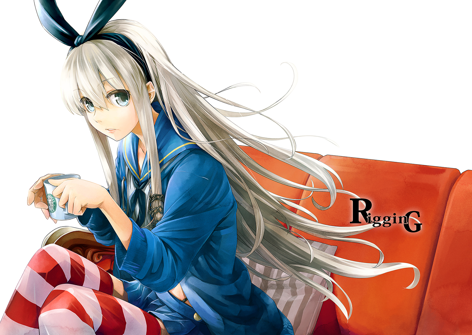 anthropomorphism, couch, drink, gray_hair, headband, kantai_collection, long_hair, miishi_jun, shimakaze_(kancolle), skirt, thighhighs