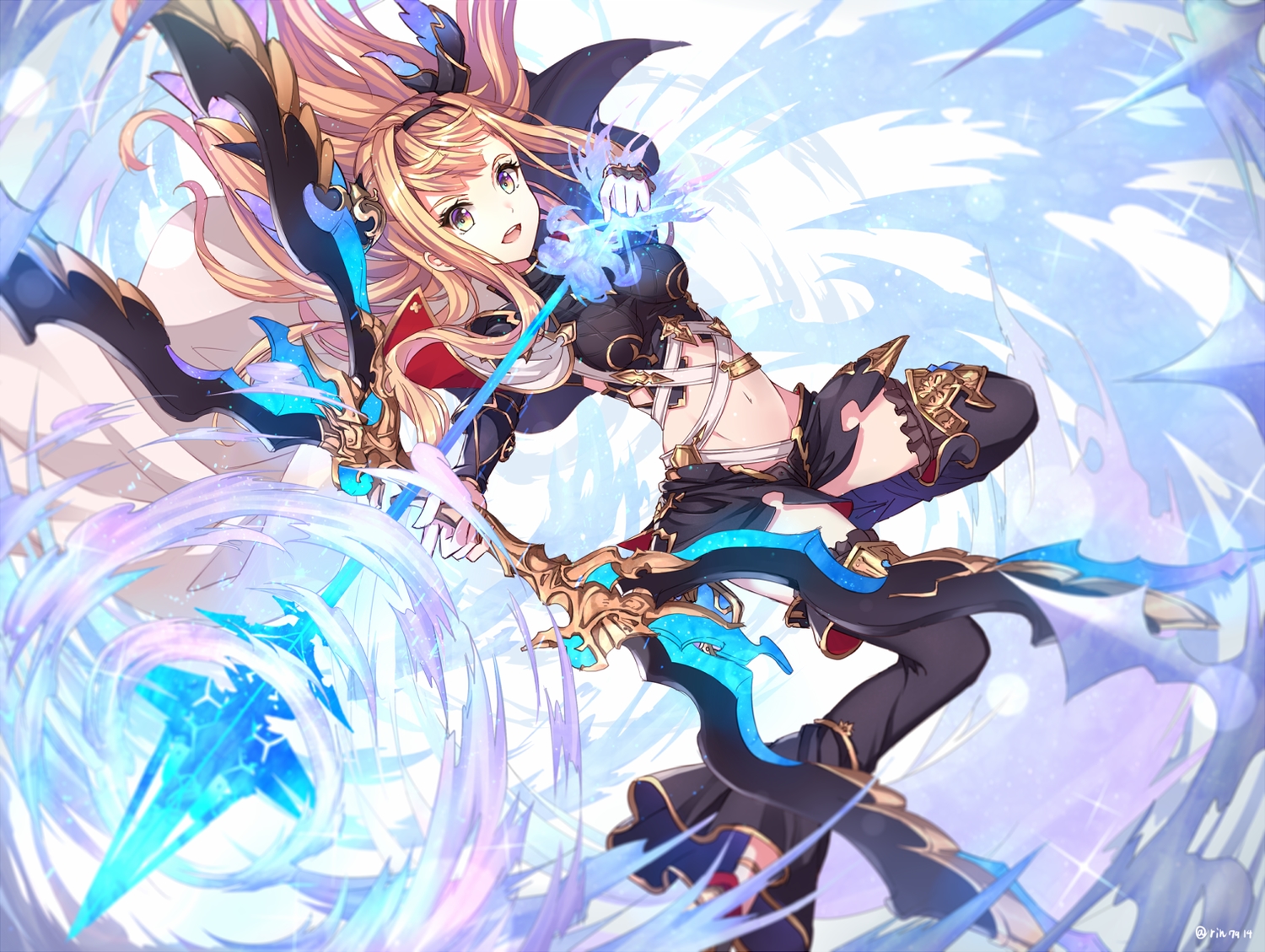 blonde_hair, bow_(weapon), granblue_fantasy, headband, long_hair, magic, rin_yuu, song_(granblue_fantasy), thighhighs, weapon