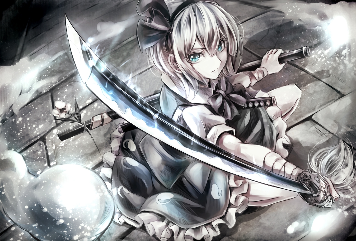 aqua_eyes, bow, headband, jan_(lightdragoon), katana, konpaku_youmu, monochrome, myon, short_hair, skirt, sword, touhou, weapon, wristwear