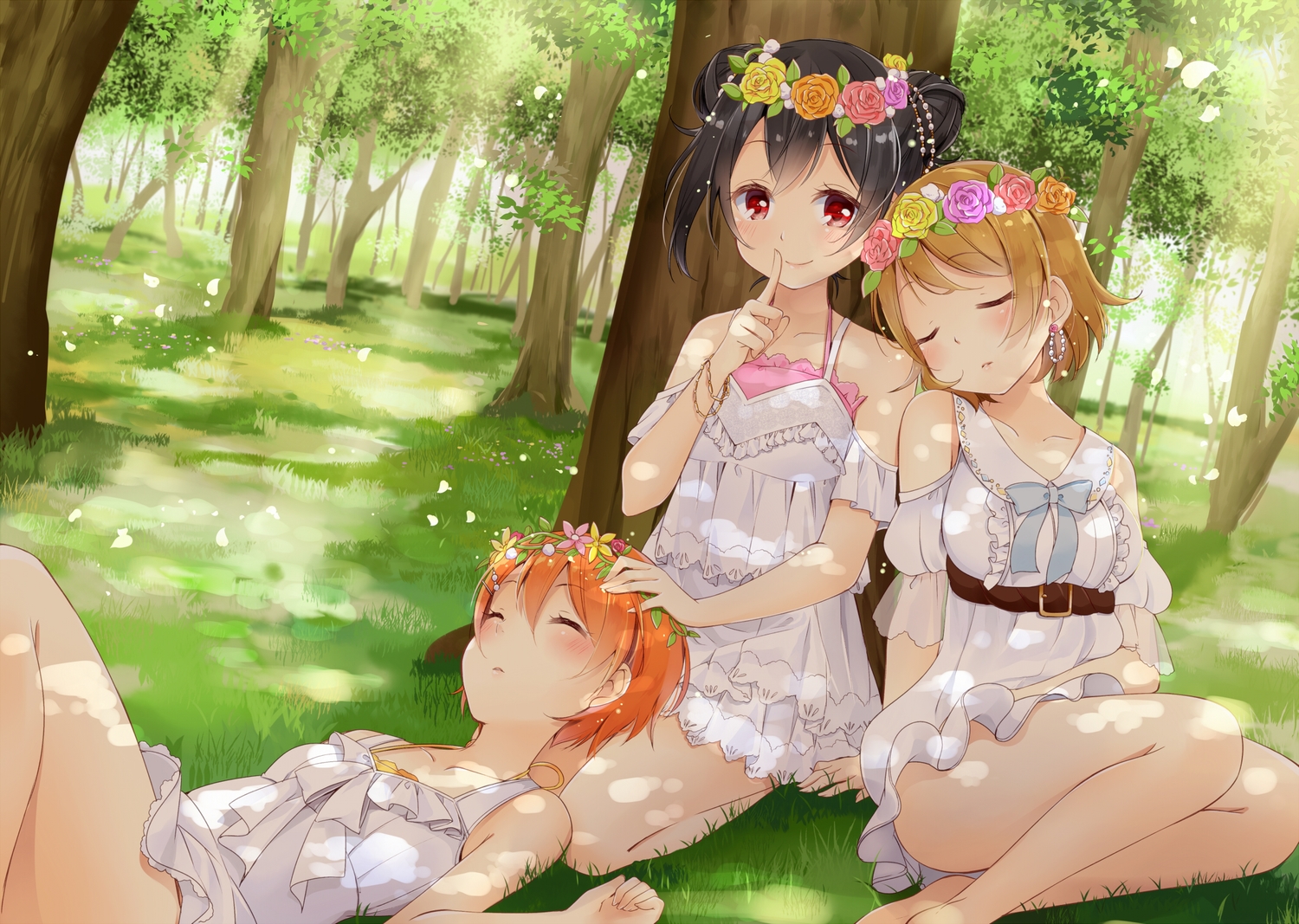 blush, dress, flowers, grass, hazuki_natsu, hoshizora_rin, koizumi_hanayo, love_live!_school_idol_project, red_eyes, short_hair, sleeping, tree, twintails, yazawa_nico