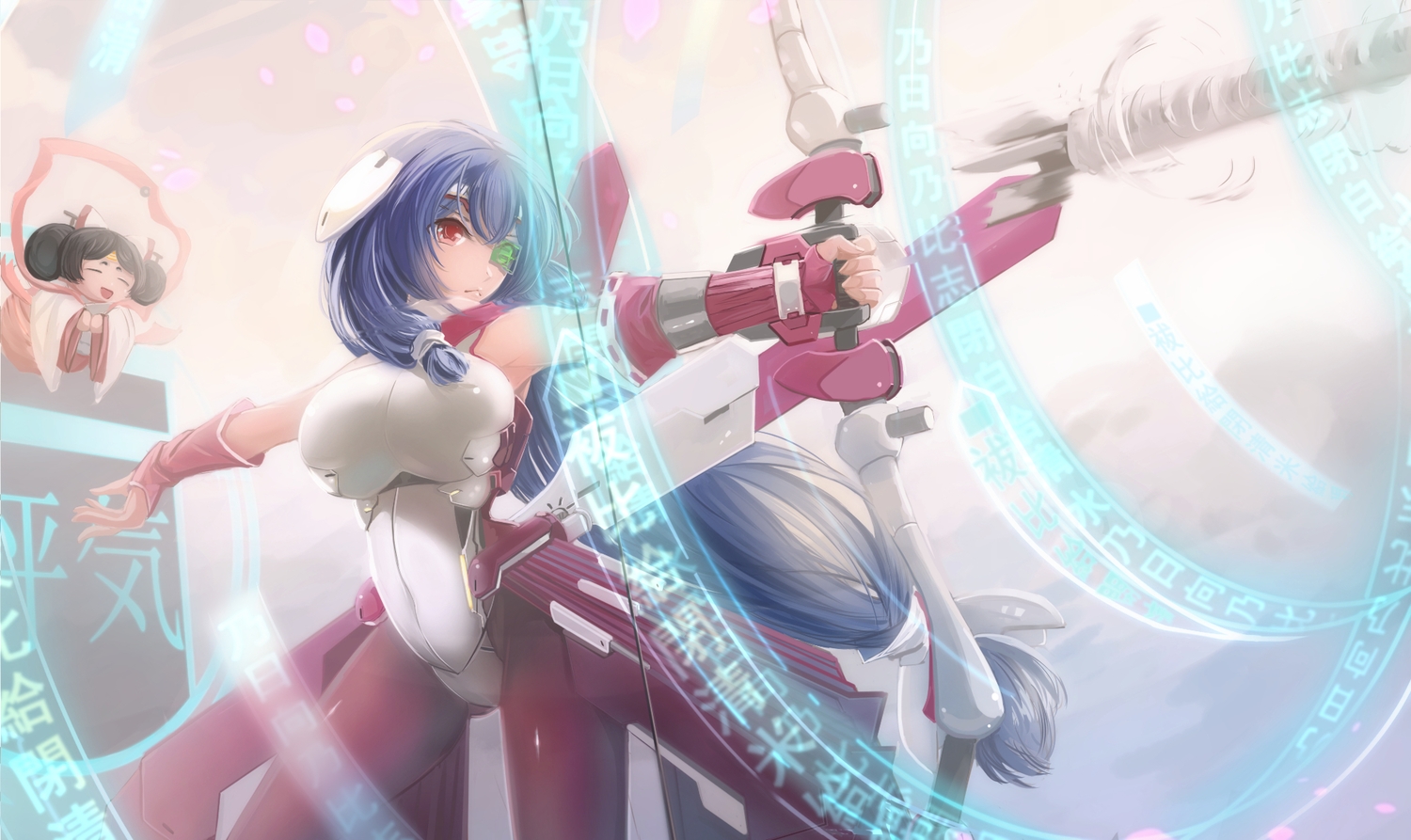 asama_tomo, bodysuit, bow_(weapon), kikivi, kyoukai_senjou_no_horizon, skintight, weapon