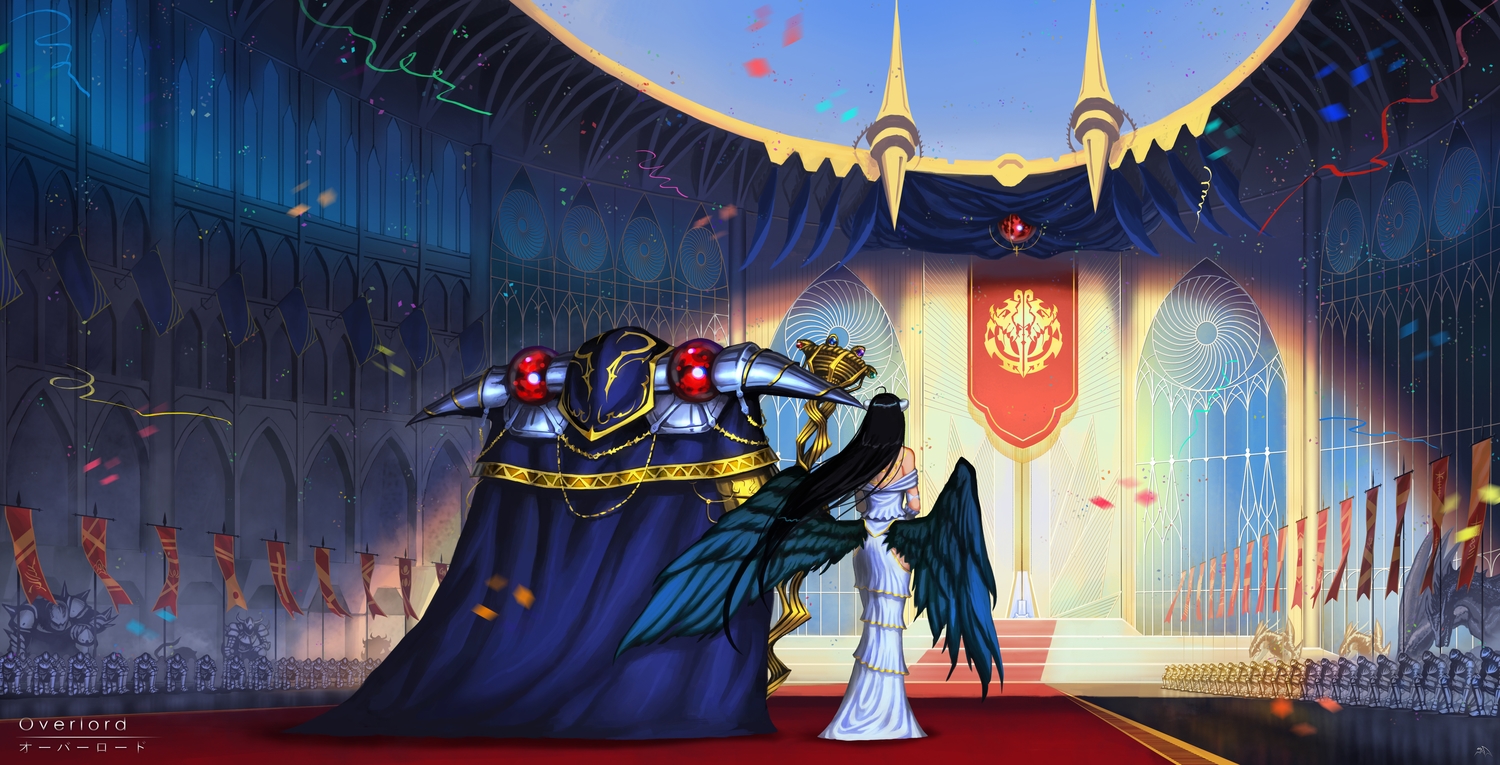 ainz_ooal_gown, albedo, black_hair, cape, darkmuleth, demon, dress, horns