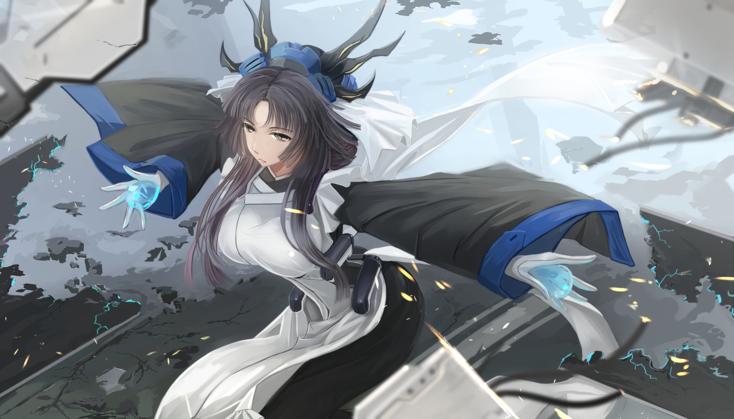 apron, black_hair, dress, headdress, kazuno_(horizon), kikivi, kyoukai_senjou_no_horizon, long_hair, magic