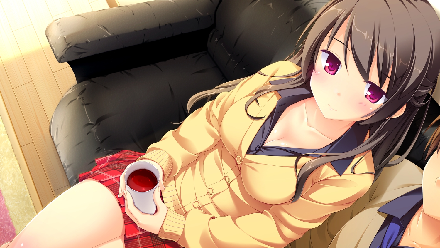 breasts, brown_hair, cleavage, couch, drink, game_cg, hook, ichijou_aoi