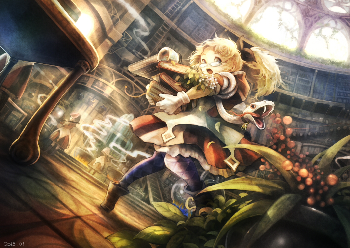 animal, blonde_hair, book, boots, dress, glasses, leaves, long_hair