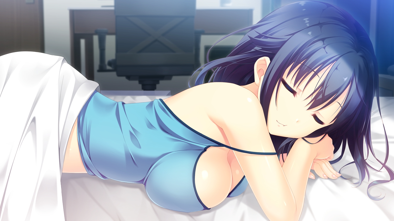 bed, black_hair, breasts, chuablesoft, cleavage, game_cg, goshogawara_yuuki, k-ko, no_bra, sleeping, watashi_ga_suki_nara_"suki"_tte_itte!