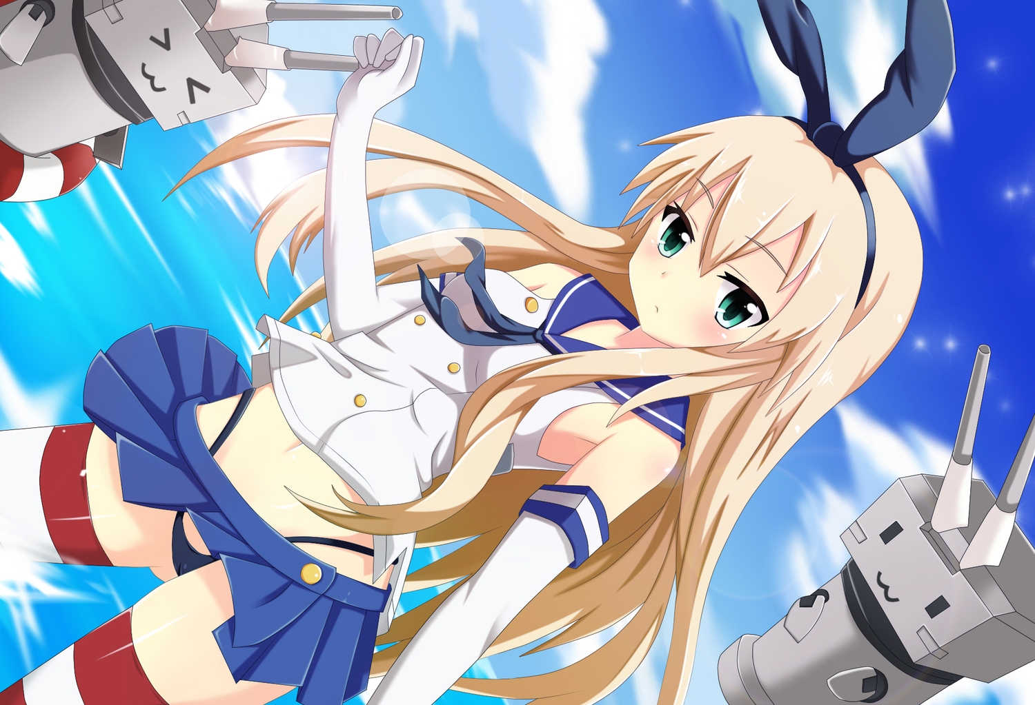 anthropomorphism, blonde_hair, cat_smile, headband, kantai_collection, nugi_(armenci), rensouhou-chan, school_uniform, shimakaze_(kancolle), skirt, thighhighs