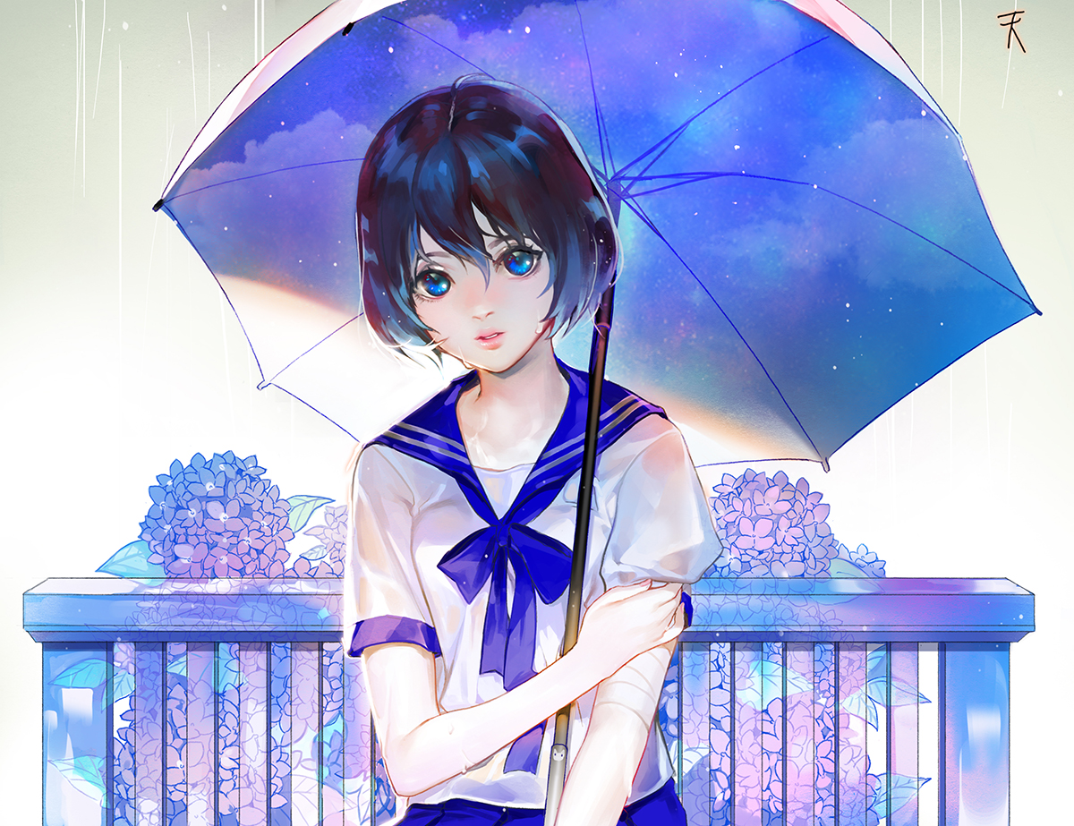 bandage, blue_eyes, ddongu, flowers, original, rain, school_uniform, see_through