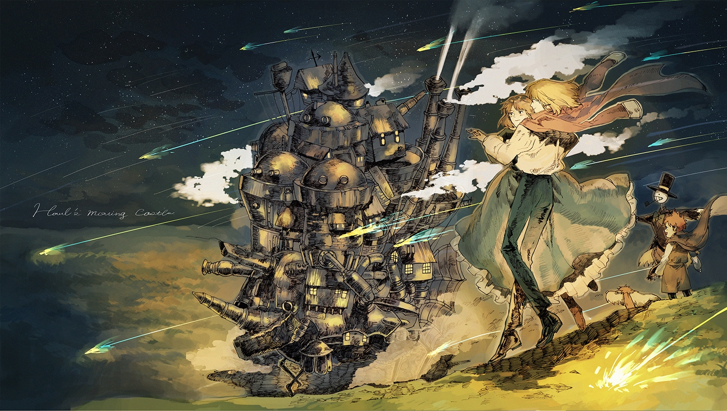 building, hat, howl, howl's_moving_castle, kurohal, markl, sky, sophie_hatter, stars