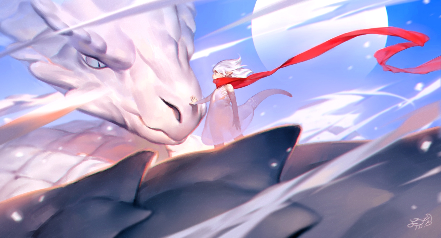 dragon, dress, original, pointed_ears, scarf, white_hair, yotsuyu