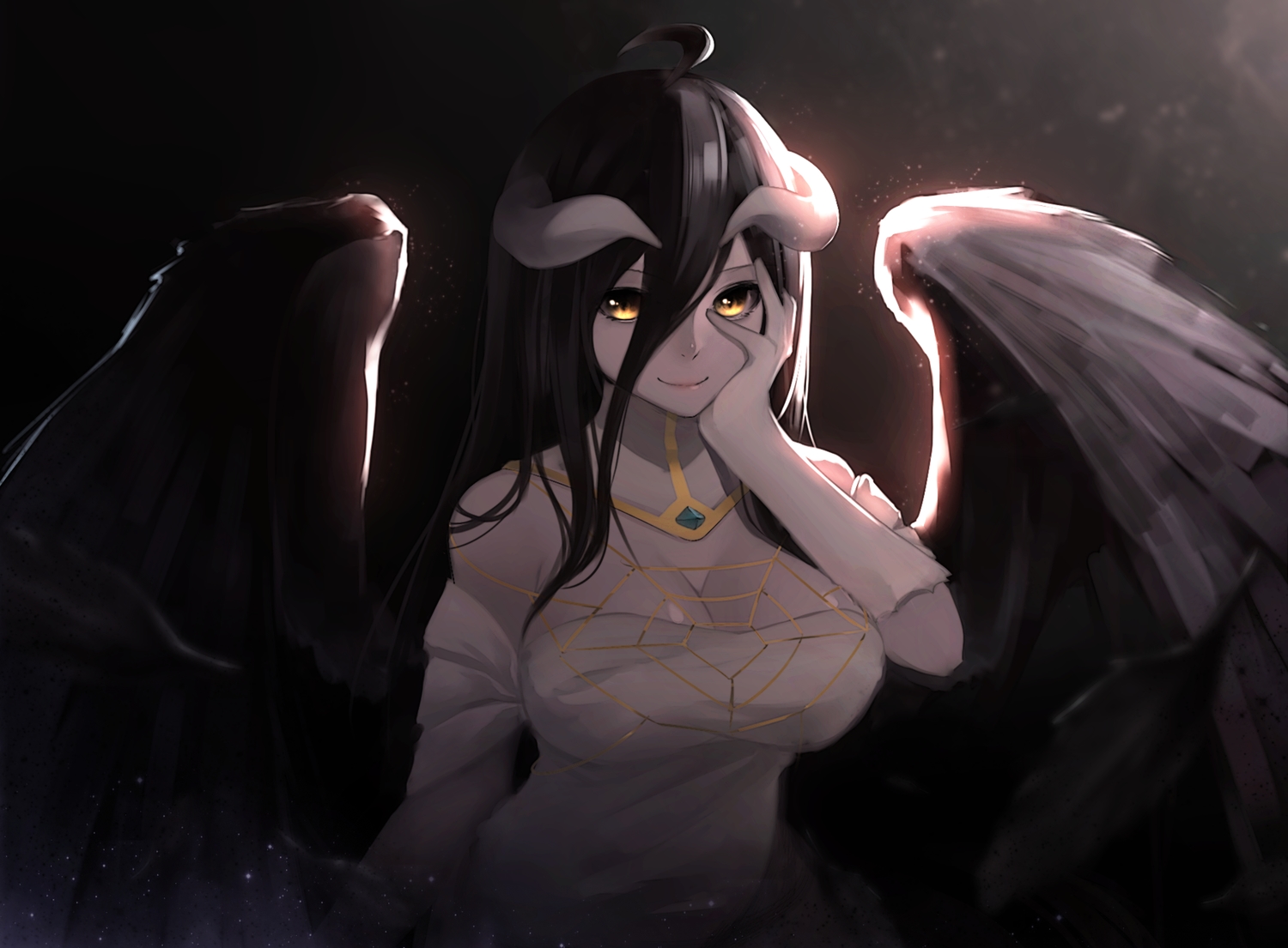 albedo, ariinine, black_hair, breasts, cleavage, demon, gloves, horns, long_hair, overlord, succubus, wings, yellow_eyes