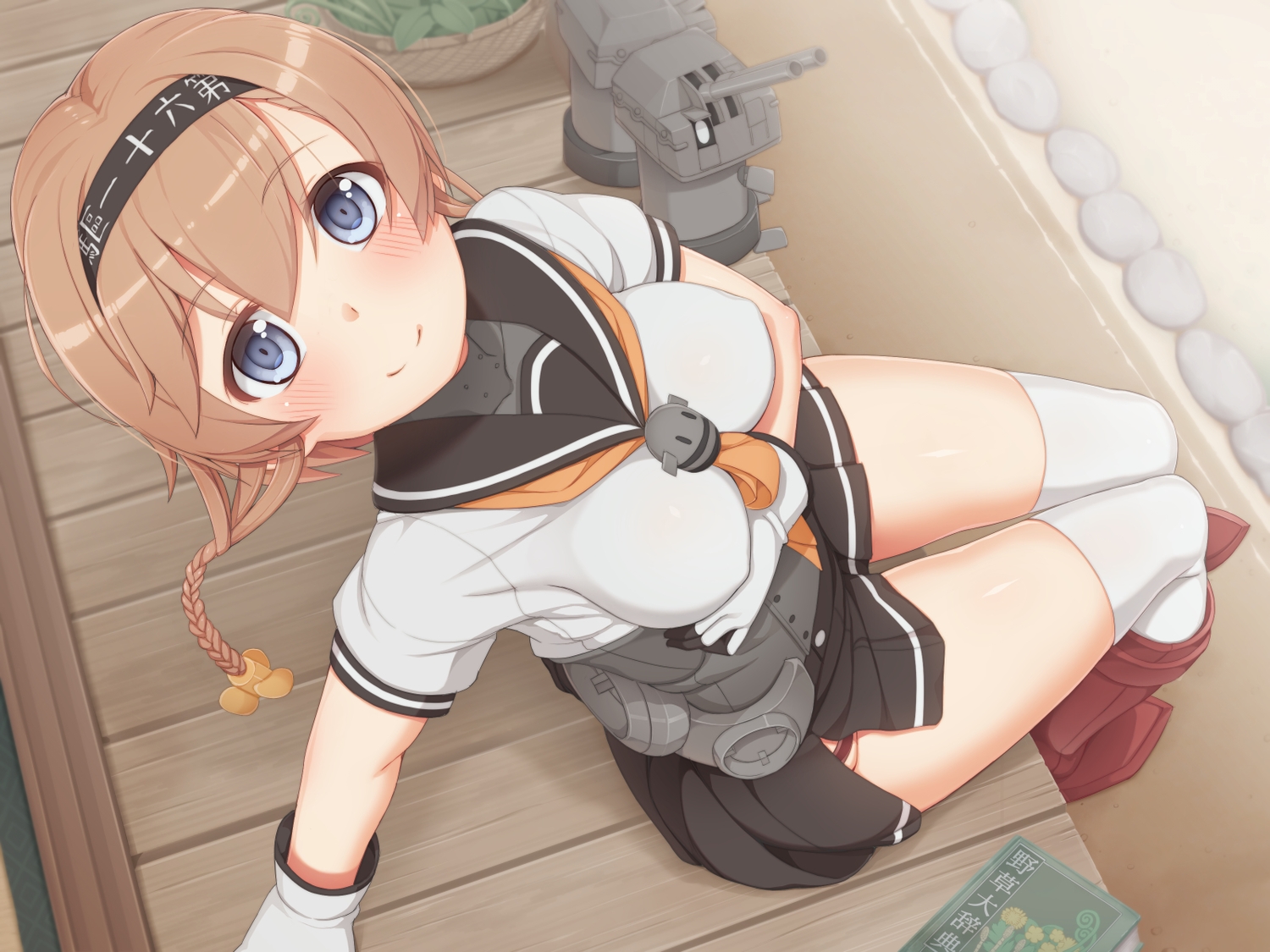anthropomorphism, blue_eyes, braids, breasts, gloves, headband, kantai_collection, panties
