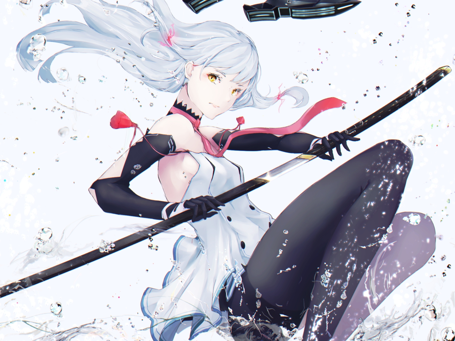 anthropomorphism, cropped, kantai_collection, katana, marumoru, murakumo_(kancolle), pantyhose, ribbons, sword, water, weapon, white_hair, yellow_eyes
