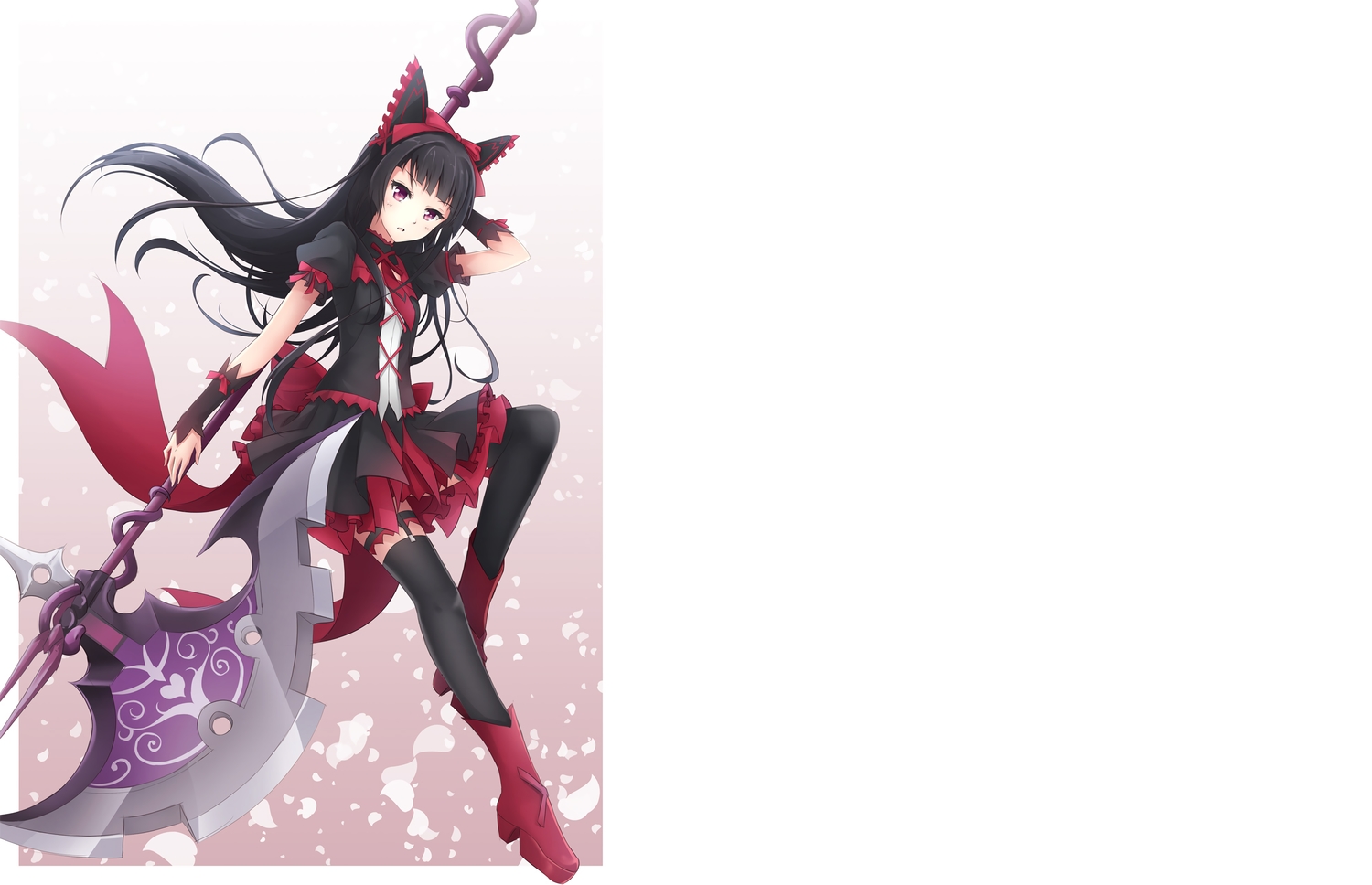 black_hair, bow, gate_-_jieitai_ka_no_chi_nite_kaku_tatakaeri, goth-loli, lolita_fashion, long_hair, petals, red_eyes