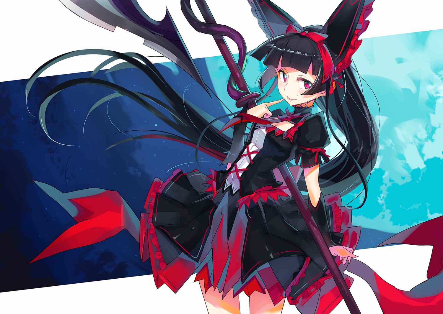 black_hair, bow, gate_-_jieitai_ka_no_chi_nite_kaku_tatakaeri, goth-loli, lolita_fashion, long_hair, red_eyes, rory_mercury, weapon, wei_(hoshieve)
