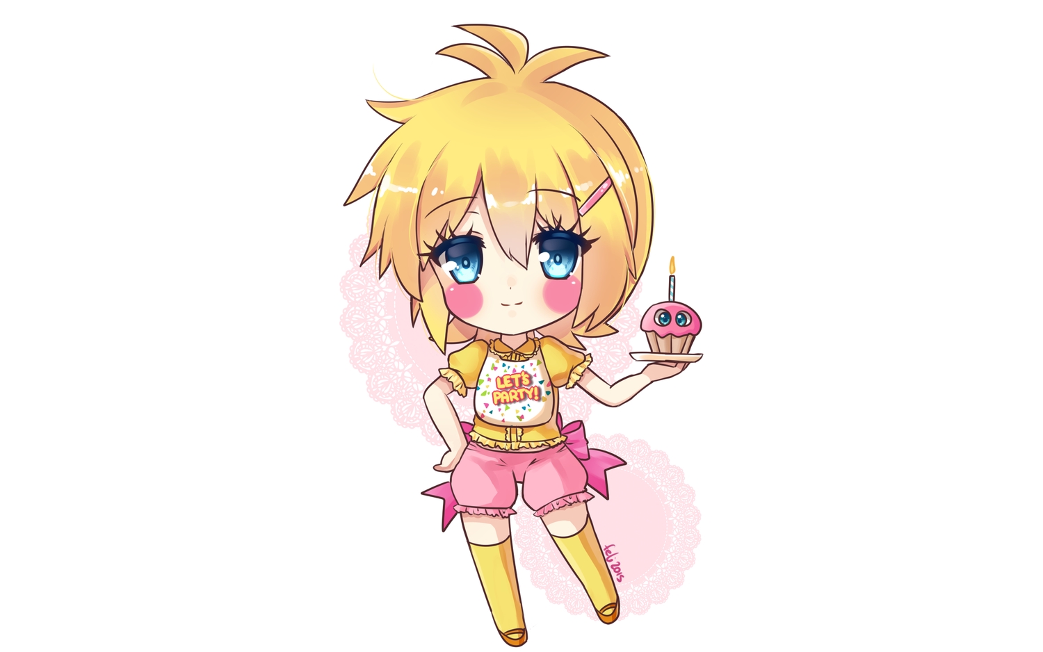 anthropomorphism, blonde_hair, blue_eyes, chibi, felicia-val, five_nights_at_freddy's, toy_chica_(five_nights_at_freddy's)
