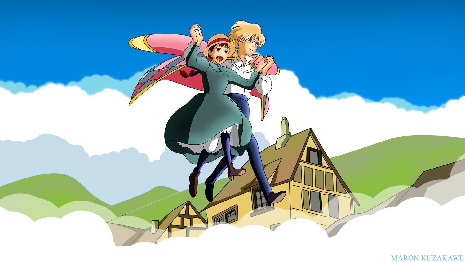 blonde_hair, building, clouds, dress, hat, howl's_moving_castle, kuzakawe_maron, male