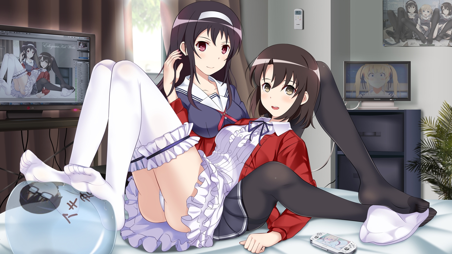 ass, bed, computer, dress, edogawakid, kasumigaoka_utaha, katou_megumi, pantyhose